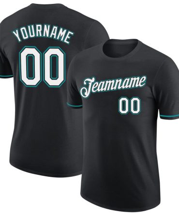 Custom Black White-Teal Performance T-Shirt, For Football, Baseball, Hockey, Basketball, Softball & Rugby Fans