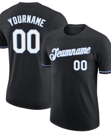 Custom Black White-Light Blue Performance T-Shirt, For Football, Baseball, Hockey, Basketball, Softball & Rugby Fans