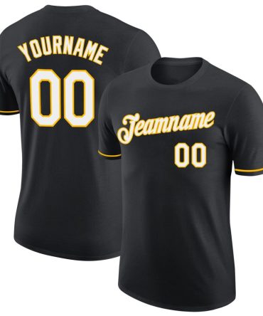 Custom Black White-Gold Performance T-Shirt, For Football, Baseball, Hockey, Basketball, Softball & Rugby Fans