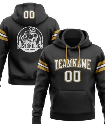 Custom Black White-Old Gold Football Pullover Sweatshirt Hoodie, Gift For Football, Baseball, Hockey, Basketball, Softball & Rugby Fans