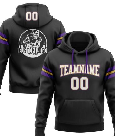 Custom Black White Old Gold-Purple Football Pullover Sweatshirt Hoodie, Gift For Football, Baseball, Hockey, Basketball, Softball & Rugby Fans