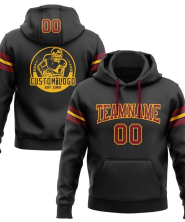 Custom Black Crimson-Gold Football Pullover Sweatshirt Hoodie, Gift For Football, Baseball, Hockey, Basketball, Softball & Rugby Fans