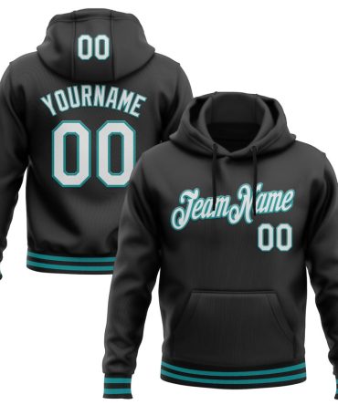 Custom Black White-Teal Sports Pullover Sweatshirt Hoodie, Gift For Football, Baseball, Hockey, Basketball, Softball & Rugby Fans
