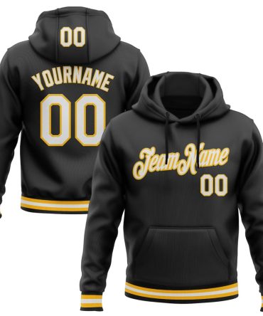 Custom Black White-Gold Sports Pullover Sweatshirt Hoodie, Gift For Football, Baseball, Hockey, Basketball, Softball & Rugby Fans