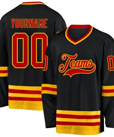 Custom Black Red-Gold Hockey Jersey, Gift For Hockey Fans