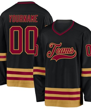 Custom Black Maroon-Old Gold Hockey Jersey, Gift For Hockey Fans