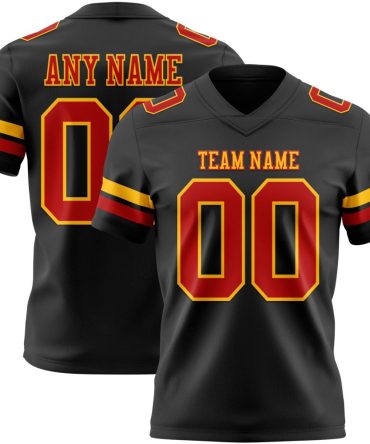 Custom Black Red-Gold Authentic Football Jersey, Gift For Football Fans