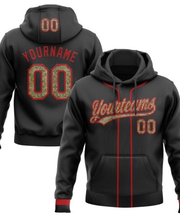 Custom Black Camo-Red Baseball Pullover Sweatshirt Hoodie, Gift For Football, Baseball, Hockey, Basketball, Softball & Rugby Fans