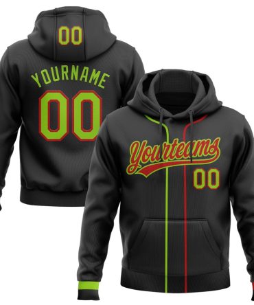 Custom Black Neon Green-Red Baseball Pullover Sweatshirt Hoodie, Gift For Football, Baseball, Hockey, Basketball, Softball & Rugby Fans