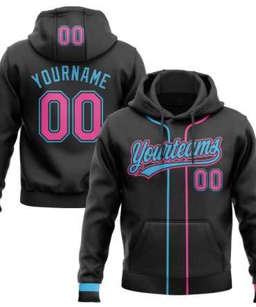 Custom Black Pink-Sky Blue Baseball Pullover Sweatshirt Hoodie, Gift For Football, Baseball, Hockey, Basketball, Softball & Rugby Fans