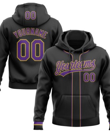 Custom Black Purple-Old Gold Baseball Pullover Sweatshirt Hoodie, Gift For Football, Baseball, Hockey, Basketball, Softball & Rugby Fans