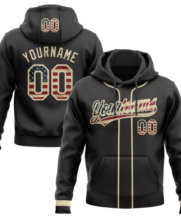 Custom Black Vintage Usa Flag-Cream Baseball Pullover Sweatshirt Hoodie, Gift For Football, Baseball, Hockey, Basketball, Softball & Rugby Fans