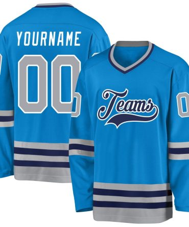 Custom Blue Gray-Navy Hockey Jersey, Gift For Hockey Fans