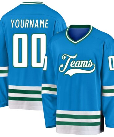 Custom Blue White-Kelly Green Hockey Jersey, Gift For Hockey Fans