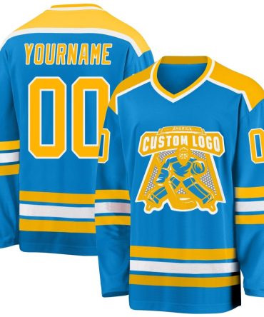 Custom Blue Gold-White Hockey Jersey, Gift For Hockey Fans