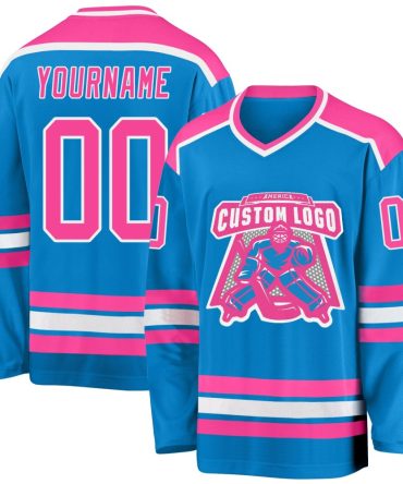Custom Blue Pink-White Hockey Jersey, Gift For Hockey Fans