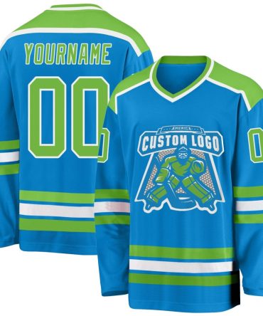 Custom Blue Neon Green-White Hockey Jersey, Gift For Hockey Fans