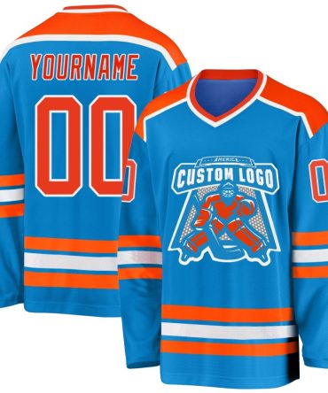 Custom Blue Orange-White Hockey Jersey, Gift For Hockey Fans