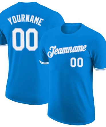 Custom Blue White-Light Blue Performance T-Shirt, For Football, Baseball, Hockey, Basketball, Softball & Rugby Fans