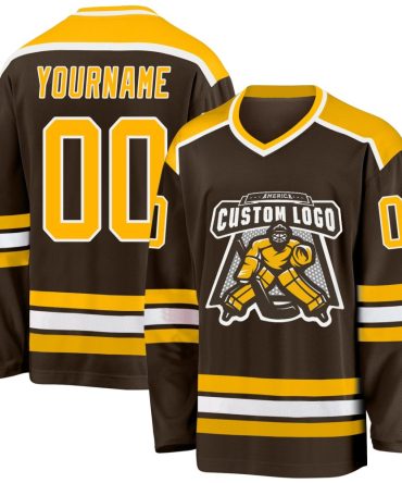 Custom Brown Gold-White Hockey Jersey, Gift For Hockey Fans