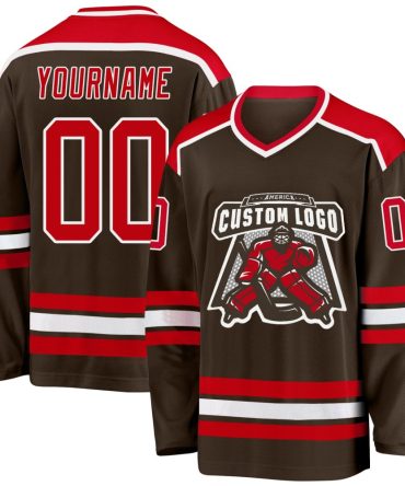 Custom Brown Red-White Hockey Jersey, Gift For Hockey Fans