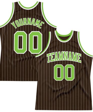 Custom Brown White Pinstripe Neon Green Basketball Jersey, Gift For Basketball Fans