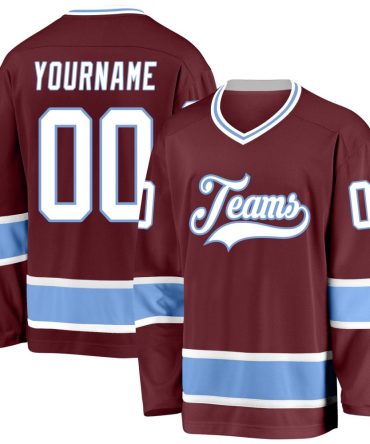 Custom Burgundy White-Light Blue Hockey Jersey, Gift For Hockey Fans