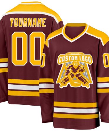 Custom Burgundy Gold-White Hockey Jersey, Gift For Hockey Fans