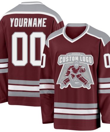 Custom Burgundy White-Gray Hockey Jersey, Gift For Hockey Fans
