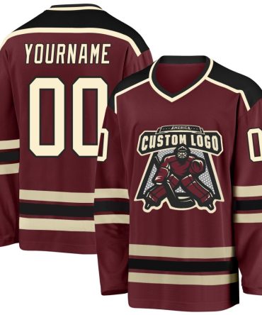 Custom Burgundy Cream-Black Hockey Jersey, Gift For Hockey Fans