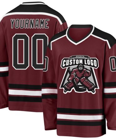 Custom Burgundy Black-White Hockey Jersey, Gift For Hockey Fans