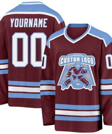 Custom Burgundy White-Light Blue Hockey Jersey, Gift For Hockey Fans