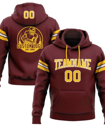 Custom Burgundy Gold-White Football Pullover Sweatshirt Hoodie, Gift For Football, Baseball, Hockey, Basketball, Softball & Rugby Fans