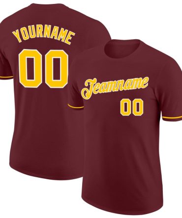 Custom Burgundy Gold-White Performance T-Shirt, For Football, Baseball, Hockey, Basketball, Softball & Rugby Fans