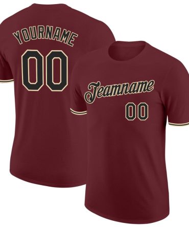 Custom Burgundy Black-Cream Performance T-Shirt, For Football, Baseball, Hockey, Basketball, Softball & Rugby Fans