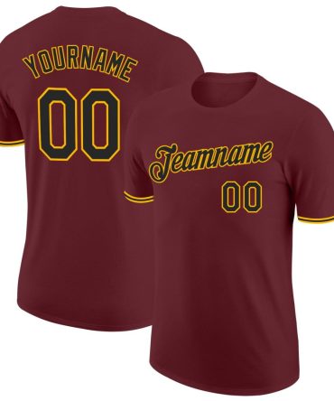 Custom Burgundy Black-Gold Performance T-Shirt, For Football, Baseball, Hockey, Basketball, Softball & Rugby Fans