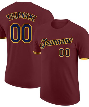 Custom Burgundy Navy-Gold Performance T-Shirt, For Football, Baseball, Hockey, Basketball, Softball & Rugby Fans
