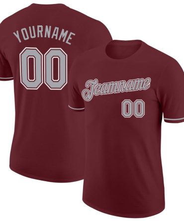 Custom Burgundy Gray-White Performance T-Shirt, For Football, Baseball, Hockey, Basketball, Softball & Rugby Fans
