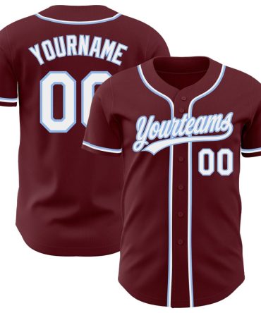 Custom Burgundy White-Light Blue Baseball Jersey, Gift For Baseball Fans