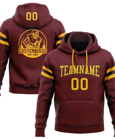 Custom Burgundy Gold-Black Football Pullover Sweatshirt Hoodie, Gift For Football, Baseball, Hockey, Basketball, Softball & Rugby Fans