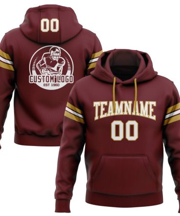 Custom Burgundy White-Old Gold Football Pullover Sweatshirt Hoodie, Gift For Football, Baseball, Hockey, Basketball, Softball & Rugby Fans