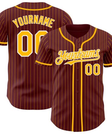 Custom Burgundy Gold Pinstripe White Baseball Jersey, Gift For Baseball Fans