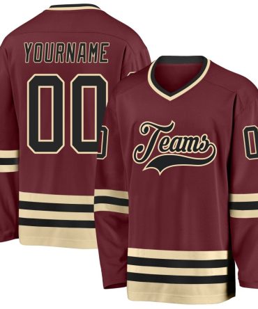 Custom Burgundy Black-Cream Hockey Jersey, Gift For Hockey Fans