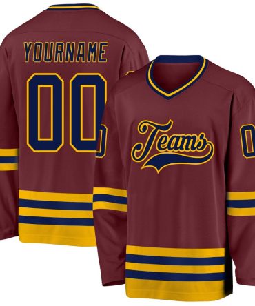 Custom Burgundy Navy-Gold Hockey Jersey, Gift For Hockey Fans