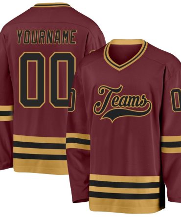 Custom Burgundy Black-Old Gold Hockey Jersey, Gift For Hockey Fans