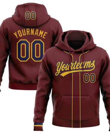 Custom Burgundy Navy-Gold Baseball Pullover Sweatshirt Hoodie, Gift For Football, Baseball, Hockey, Basketball, Softball & Rugby Fans