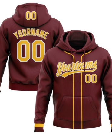 Custom Burgundy Gold-White Baseball Pullover Sweatshirt Hoodie, Gift For Football, Baseball, Hockey, Basketball, Softball & Rugby Fans