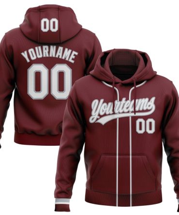 Custom Burgundy White-Gray Baseball Pullover Sweatshirt Hoodie, Gift For Football, Baseball, Hockey, Basketball, Softball & Rugby Fans