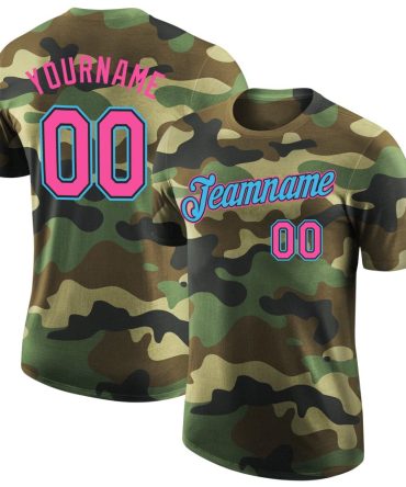 Custom Camo Pink Black-Sky Blue Performance Salute To Service T-Shirt, For Football, Baseball, Hockey, Basketball, Softball & Rugby Fans