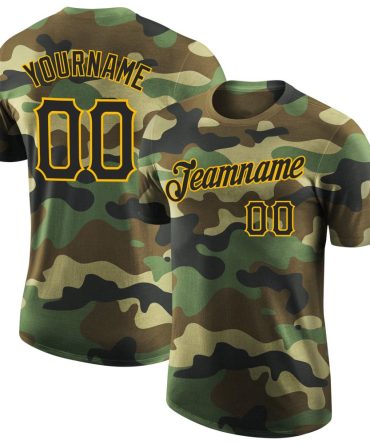Custom Camo Black-Gold Performance Salute To Service T-Shirt, For Football, Baseball, Hockey, Basketball, Softball & Rugby Fans